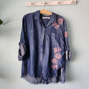 Standard grace 100% lyocell embroidery tie back boho chambray style shirt